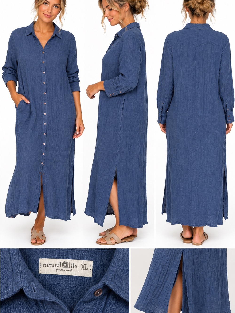NATURAL LIFE Blue Button-Front Maxi Shirt Dress